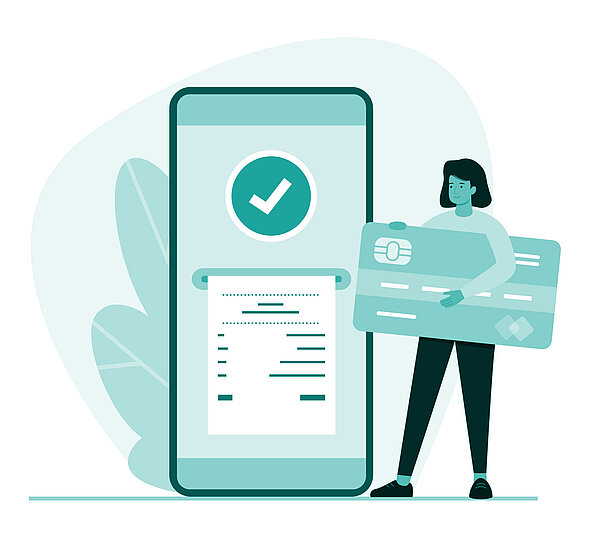 Bild einer Frau mit einer Bankkarte in der Hand.